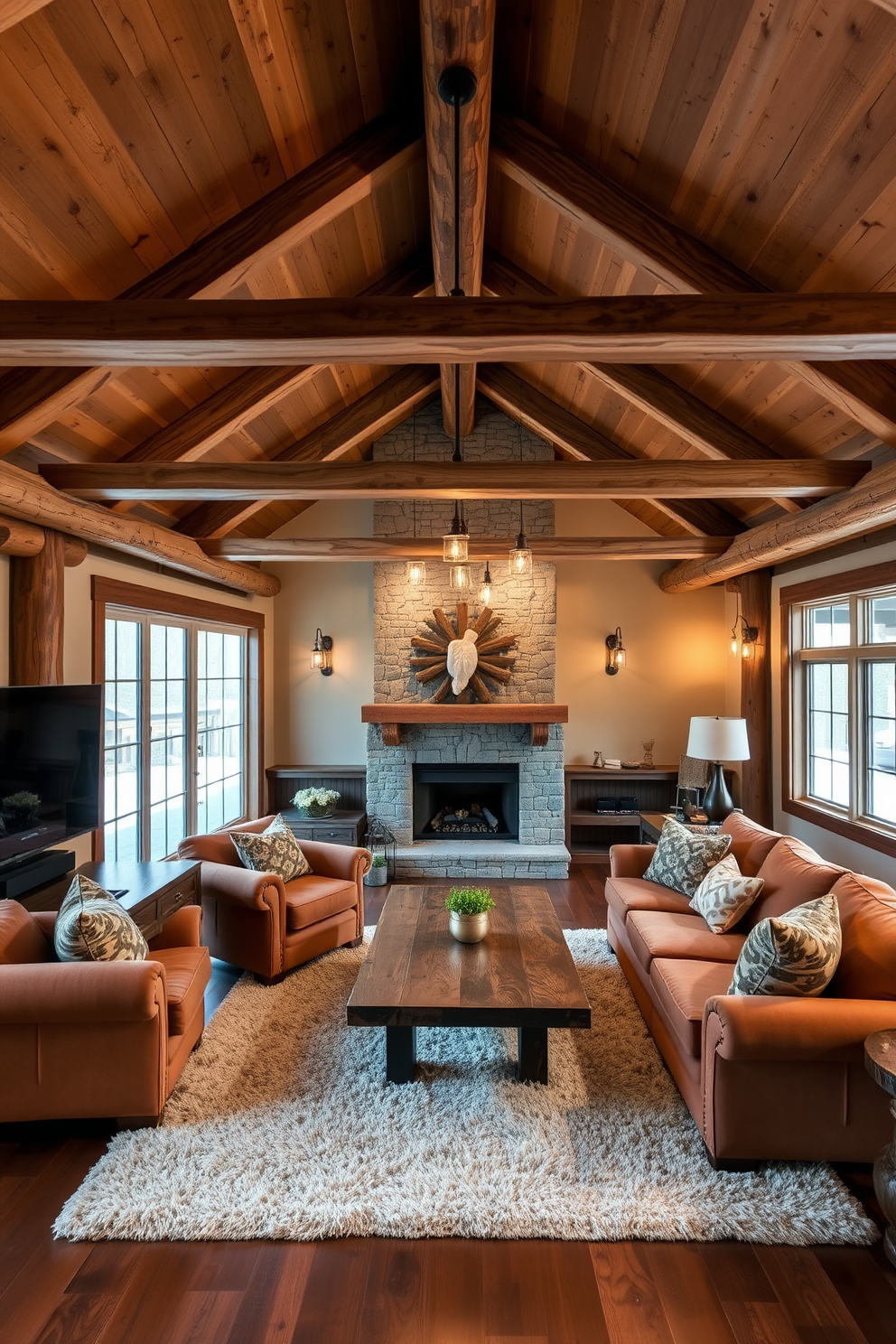 A cozy basement family room features built-in shelves that showcase an array of books and decorative items. The shelves are crafted from rich wood and are complemented by soft ambient lighting to create a warm atmosphere. The seating area includes a plush sectional sofa adorned with colorful throw pillows, inviting relaxation and conversation. A large area rug anchors the space, while a coffee table sits at the center, perfect for family gatherings.