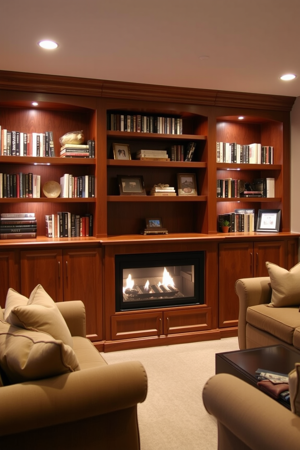 A cozy basement family room with soft lighting created by stylish floor lamps and elegant sconces. The walls are painted in a warm beige tone, and plush seating arrangements invite relaxation and conversation.