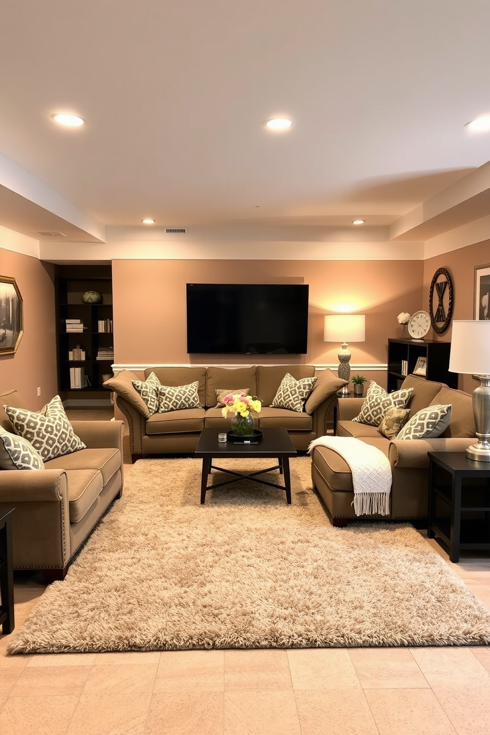 A cozy basement family room features colorful rugs that define different spaces, creating a warm and inviting atmosphere. The rugs are layered in various patterns and hues, complementing the comfortable seating and enhancing the overall design aesthetic.