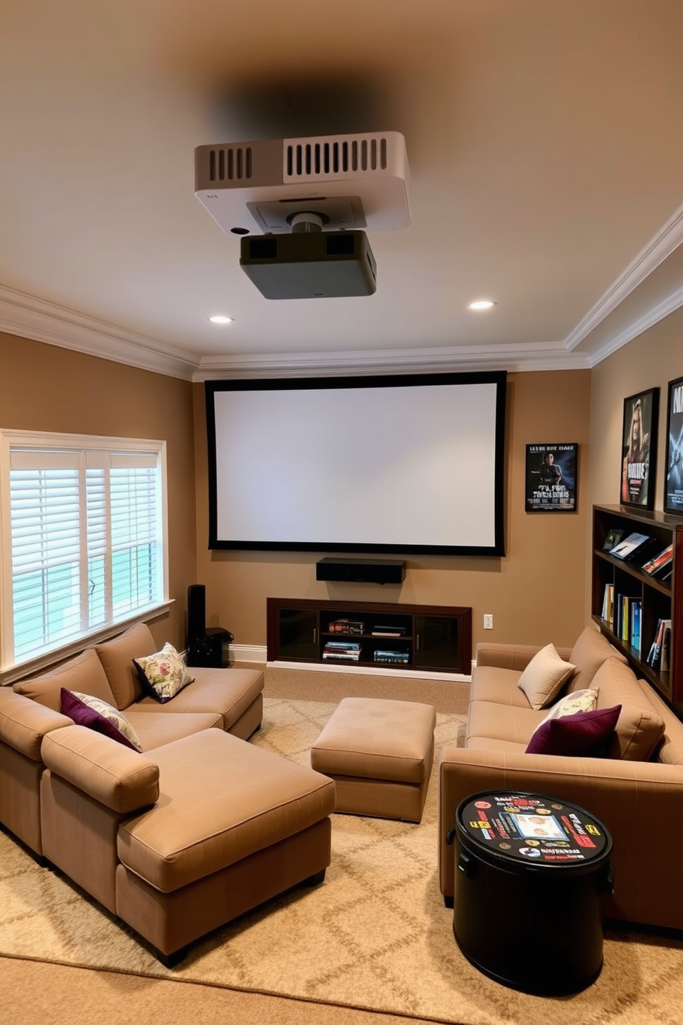 A cozy basement family room features built-in shelves that elegantly display a curated collection of books and decorative items. The shelves are painted in a soft gray, complementing the warm lighting and plush seating arrangement that invites relaxation and conversation.