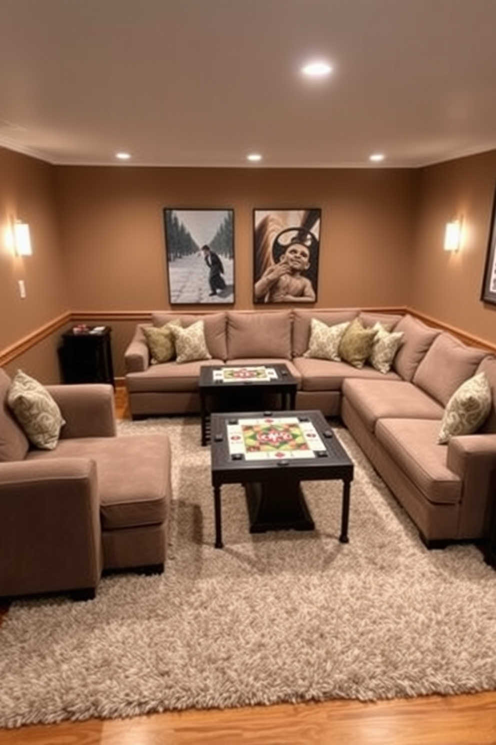 A cozy sectional sofa is positioned in the center of the basement game room, creating an inviting space for relaxation and entertainment. Surrounding the sofa are sleek gaming chairs that complement the modern aesthetic, providing comfortable seating for gaming enthusiasts. The walls are adorned with vibrant artwork and posters that celebrate popular video games, adding personality to the room. Soft ambient lighting illuminates the space, enhancing the cozy atmosphere while highlighting the gaming setup in the corner.