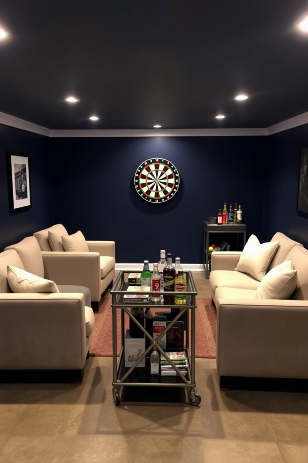 A modern basement game room featuring custom shelving designed specifically for game storage. The shelving is built into the wall, showcasing an array of board games and gaming consoles in an organized manner. The room is decorated with comfortable seating options, including a large sectional sofa and bean bags for a relaxed atmosphere. Soft ambient lighting highlights the shelves and creates a cozy environment for game nights.