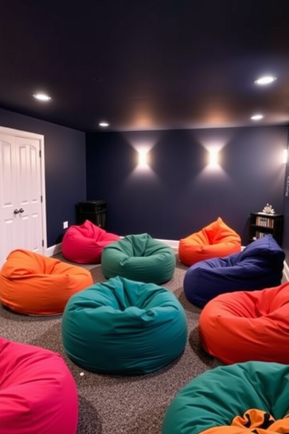 A stylish basement game room designed for optimal soundproofing features sleek acoustic panels on the walls to enhance audio quality. The space includes a comfortable sectional sofa, a large gaming console setup, and a custom bar area with high stools.