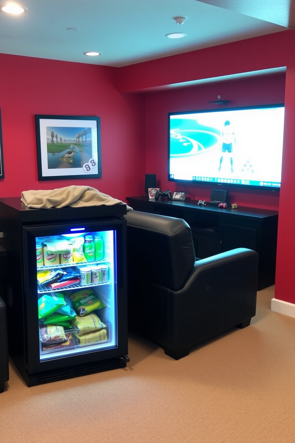 A vibrant basement game room filled with game-themed artwork and posters adorning the walls. The space features comfortable seating arrangements with colorful bean bags and a large gaming console setup. The walls are painted in a deep navy blue, creating an immersive atmosphere. Soft LED lighting highlights the artwork, enhancing the overall gaming experience.