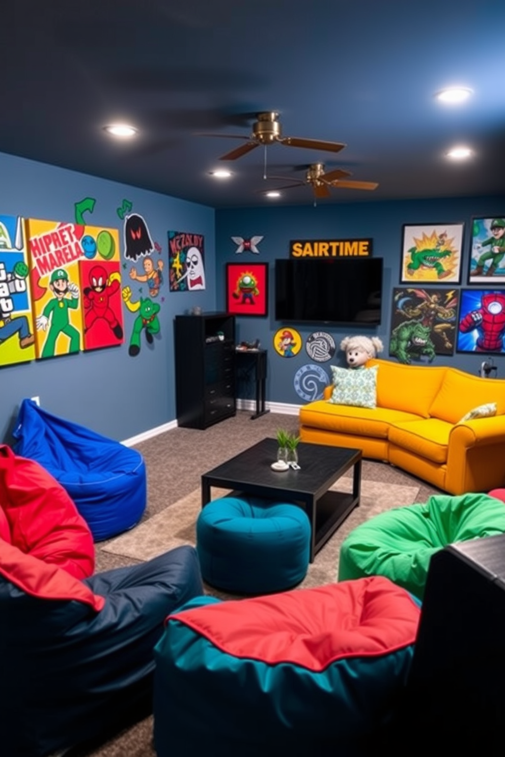 A stylish basement game room featuring a shuffleboard table as the centerpiece. The walls are painted in a deep navy blue, and the floor is covered with a plush gray carpet for comfort. Surrounding the shuffleboard table, there are comfortable leather lounge chairs and a sleek bar area with high stools. The lighting is soft and warm, with pendant lights hanging above the shuffleboard table to create an inviting atmosphere.