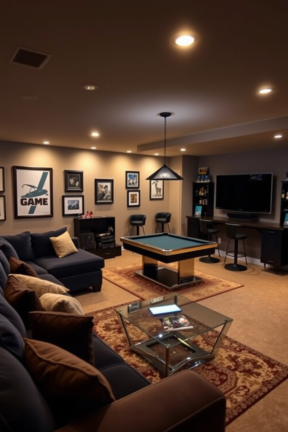 A vibrant basement game room filled with pinball machines creates an atmosphere of interactive fun. The walls are adorned with retro posters and neon lights, while a plush seating area invites friends to gather and enjoy the games.