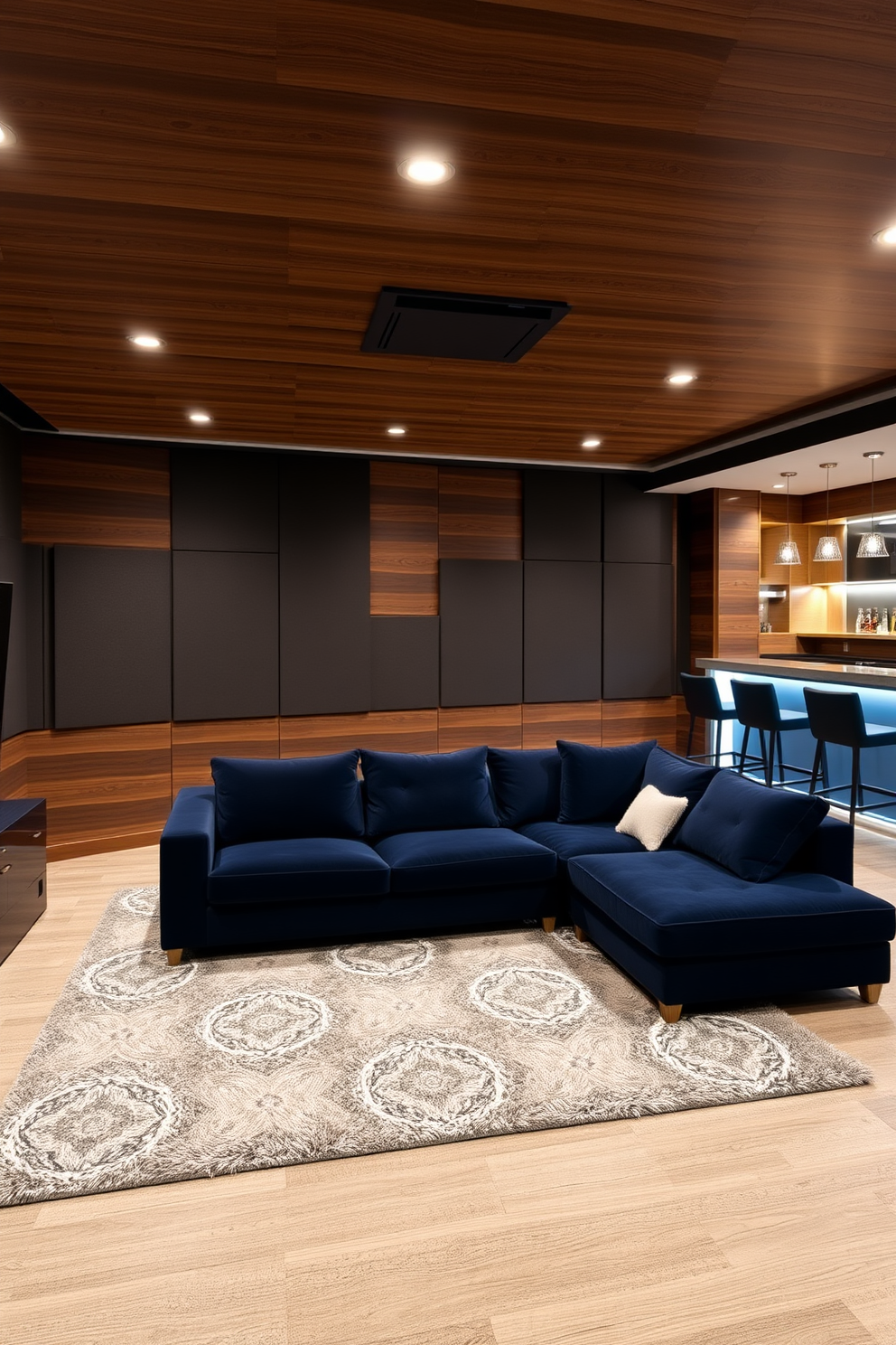 A stylish basement game room featuring acoustic panels on the walls to enhance sound quality. The room includes a comfortable sectional sofa, a large flat-screen TV, and a sleek pool table for entertainment.