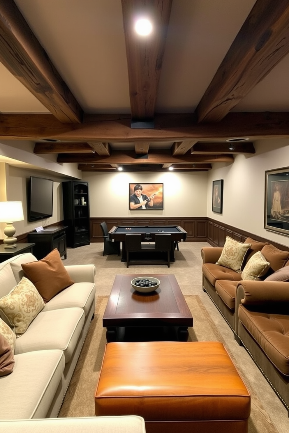 A vibrant multi-purpose basement game room designed for hobbies and games. The space features a cozy seating area with a large sectional sofa, a coffee table, and colorful bean bags scattered around for casual lounging. On one side, a sleek pool table takes center stage, surrounded by framed artwork and ambient lighting. Adjacent to the game area, a craft station is set up with organized supplies, a large work table, and shelves filled with games and hobby materials.