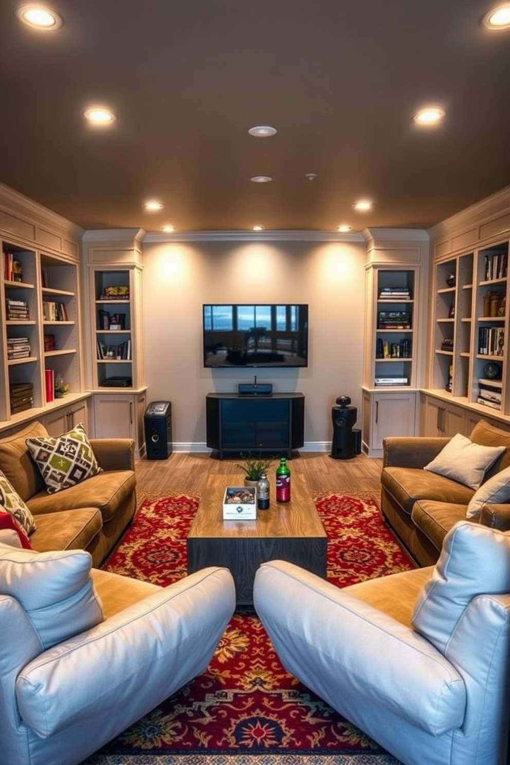 A vibrant basement game room filled with bright colors that energize the space. The walls are painted in a lively turquoise, complemented by a bold yellow sectional sofa and colorful bean bags scattered around for seating. A large wall-mounted screen is the focal point, surrounded by shelves displaying board games and vibrant artwork. The floor features a playful geometric rug that ties the colors together, creating a fun and inviting atmosphere for entertainment.