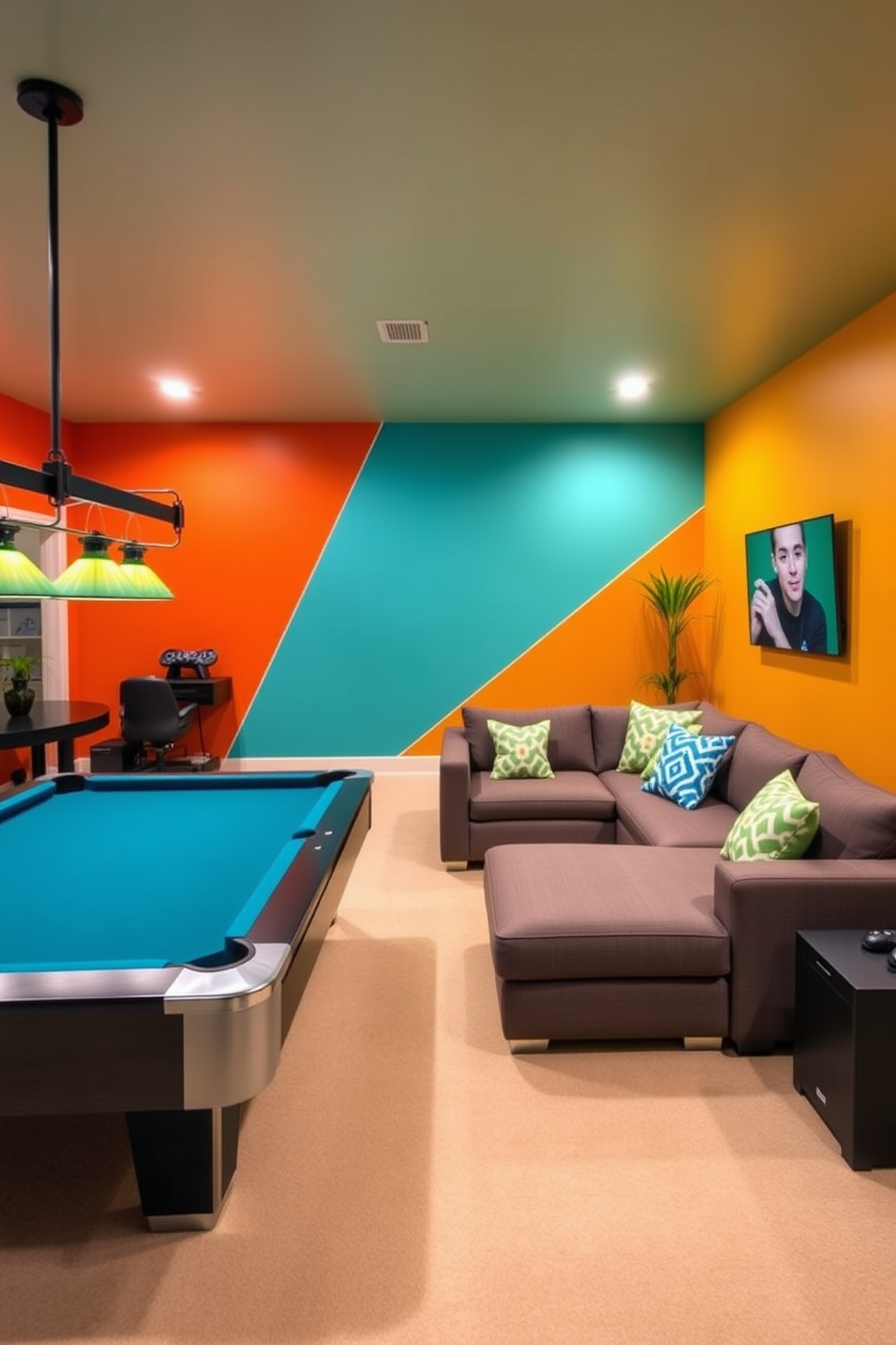 A basement game room featuring flexible lighting options to accommodate various activities. The space includes adjustable recessed lighting and stylish floor lamps that create a cozy atmosphere for gaming or entertaining. The room is designed with a large sectional sofa and a sleek coffee table, perfect for gatherings. A wall-mounted flat-screen TV and a game console setup complete the entertainment area, ensuring a fun and inviting environment.