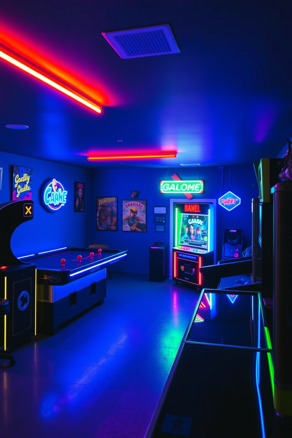 A vibrant basement game room filled with multicolor LED lighting that creates an inviting atmosphere. The walls are adorned with modern art, and a plush sectional sofa is arranged around a sleek coffee table, perfect for entertaining guests.