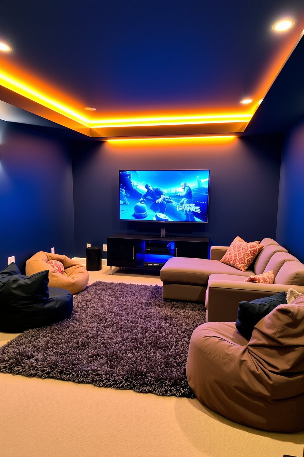 A stylish basement game room featuring an integrated sound system designed for an immersive experience. The room includes a plush sectional sofa facing a large screen, with surround sound speakers strategically placed for optimal acoustics. The walls are adorned with soundproof panels in a deep navy color, creating a cozy atmosphere. A sleek pool table sits in the center, complemented by ambient LED lighting that enhances the gaming experience.