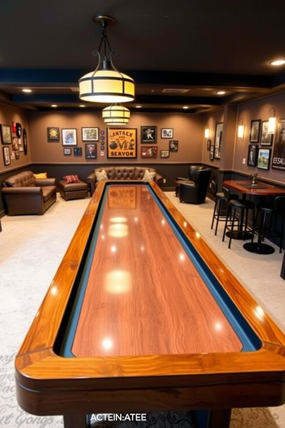 A stylish basement game room designed for entertainment and relaxation. The room features built-in cabinetry that cleverly hides away games and equipment, maintaining a clutter-free environment. Comfortable seating arrangements with plush sofas and bean bags are strategically placed around a central coffee table. Ambient lighting and vibrant wall art create an inviting atmosphere perfect for gatherings.