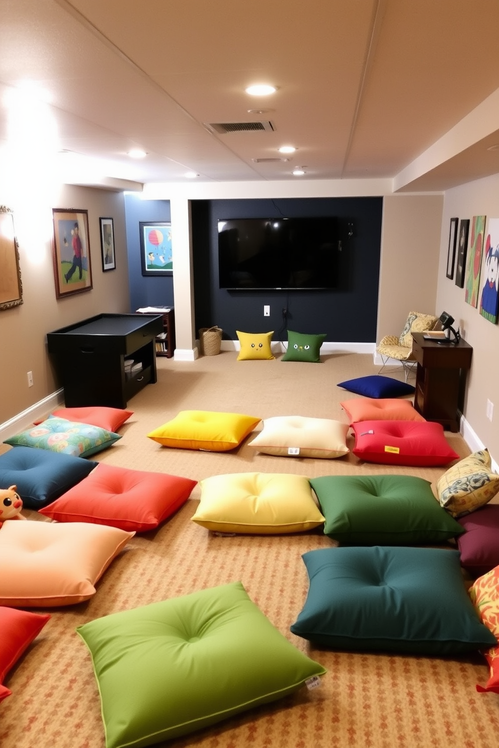 A cozy basement game room designed for movie nights features plush blackout curtains that block out all light for an immersive experience. The room is equipped with a large screen, surround sound speakers, and comfortable seating arranged for optimal viewing pleasure.