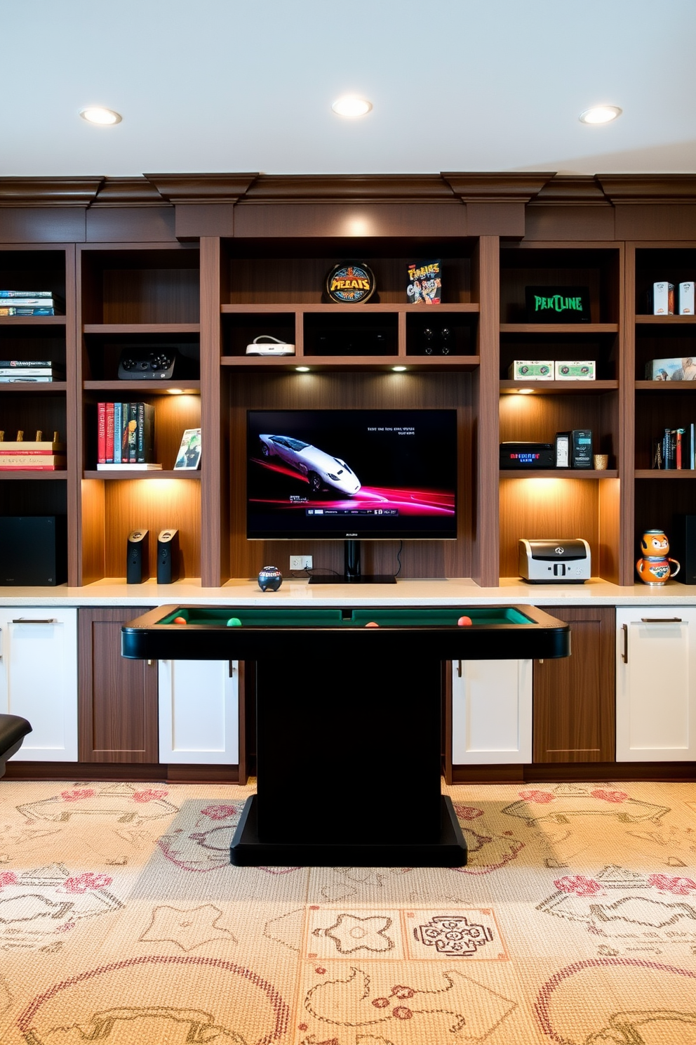 A stylish basement game room featuring a dedicated display for personalized gaming trophies and awards. The walls are adorned with framed achievements, while a sleek custom shelving unit showcases the trophies in an organized and visually appealing manner. The room includes a comfortable seating area with plush sofas and gaming chairs, positioned around a large screen for an immersive gaming experience. Ambient lighting enhances the atmosphere, with LED strips highlighting the display and creating a vibrant yet cozy environment.