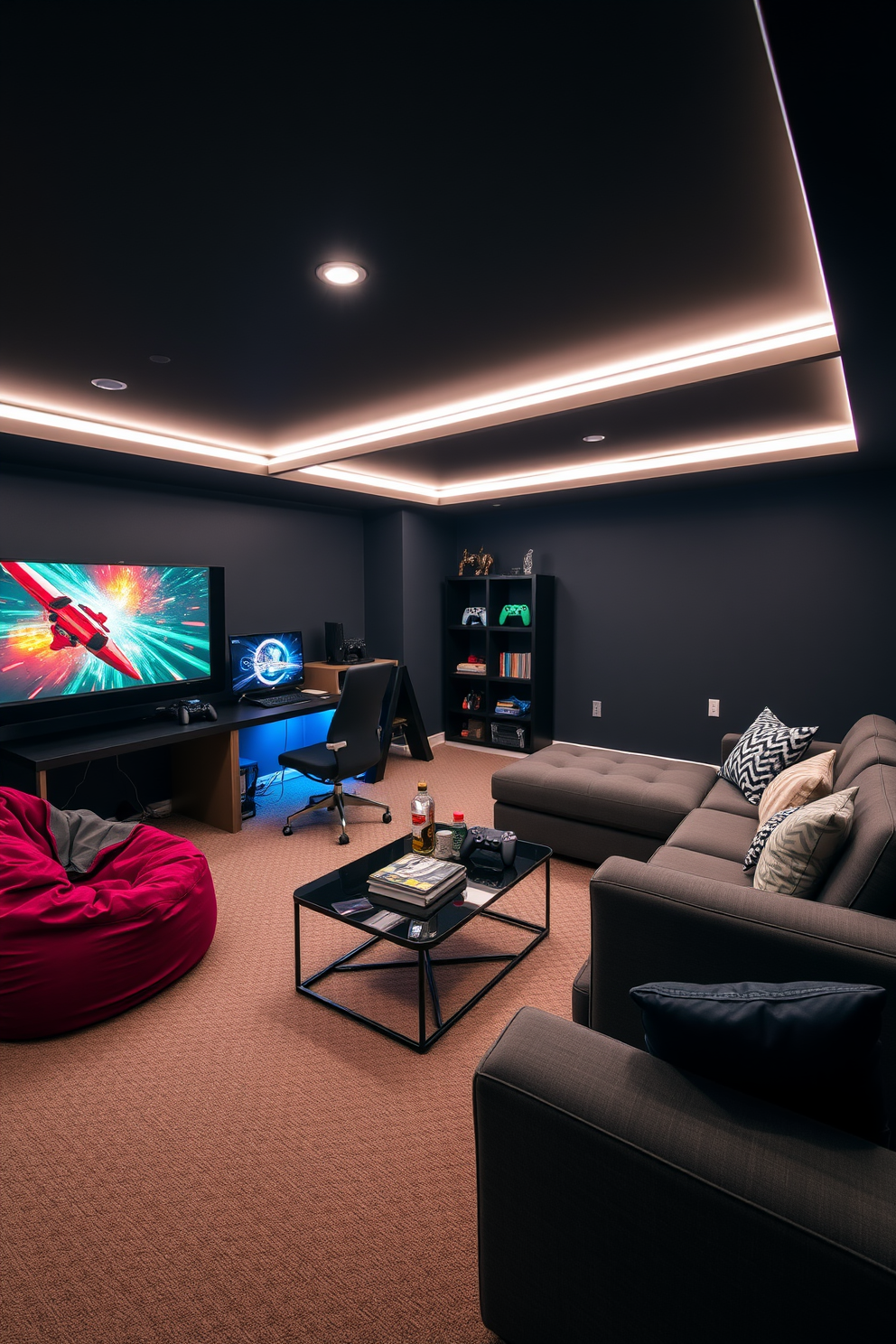 A cozy basement game room features an array of colorful floor cushions scattered across a plush area rug. The walls are adorned with vibrant artwork and mood lighting creates an inviting atmosphere for relaxation and fun.