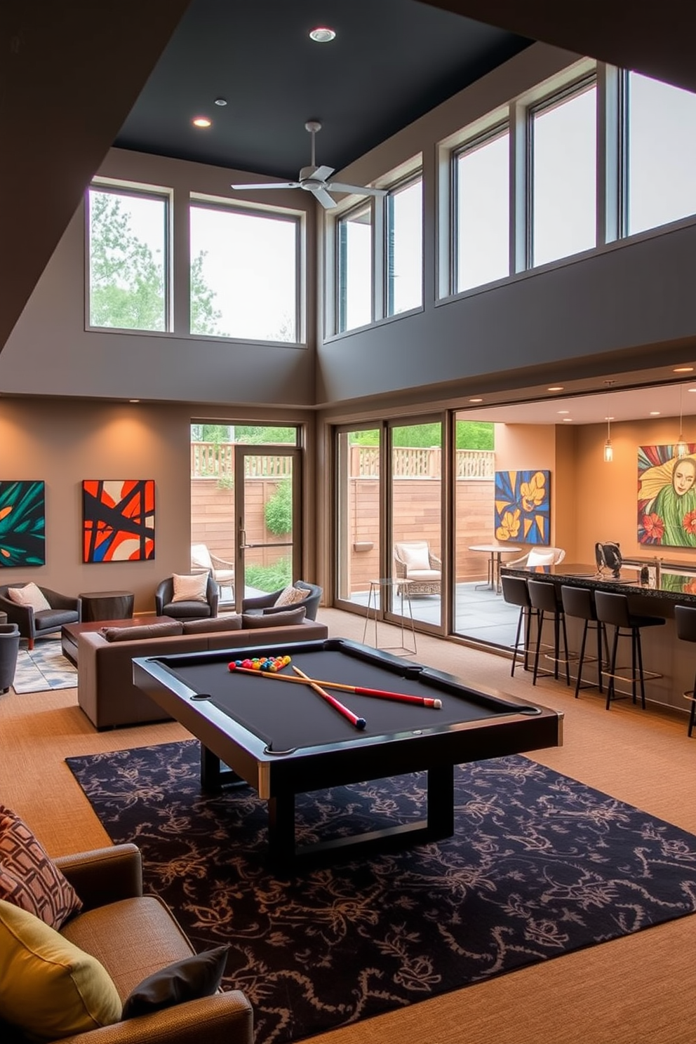 A modern basement game room designed for entertainment and relaxation. The walls are adorned with personalized gaming trophies showcased in sleek display cases, highlighting achievements and adding a personal touch. Comfortable seating arrangements include a large sectional sofa and bean bags, creating a cozy atmosphere for gaming sessions. Ambient lighting is strategically placed to enhance the gaming experience while maintaining a warm and inviting vibe.