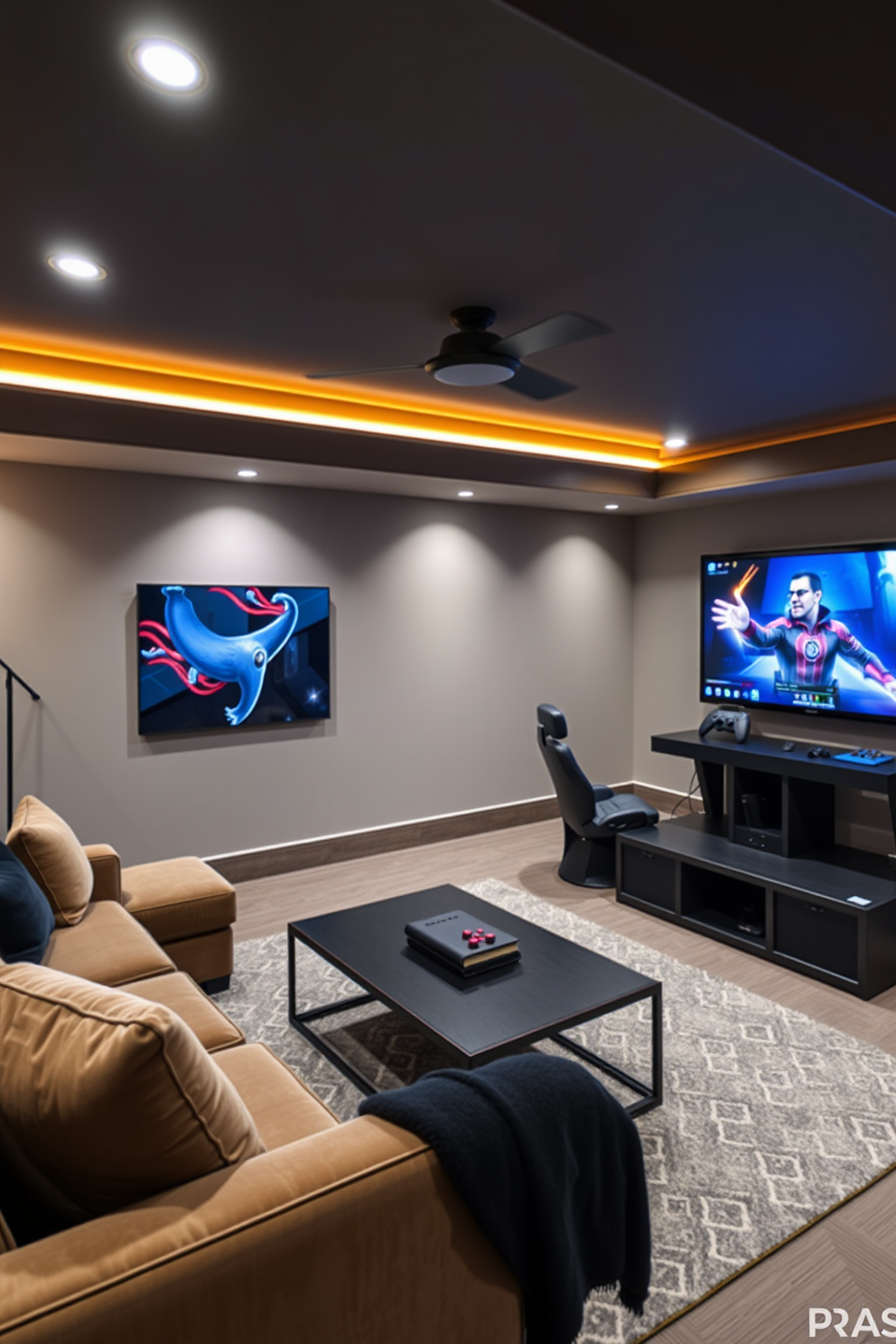 A modern basement game room designed for big-screen gaming. The space features a large projector mounted on the ceiling, casting vibrant images onto a wall that is painted a deep navy blue. Comfortable sectional sofas surround a sleek coffee table, providing ample seating for friends and family. Ambient LED lighting enhances the gaming experience while a sound system is strategically placed for immersive audio.