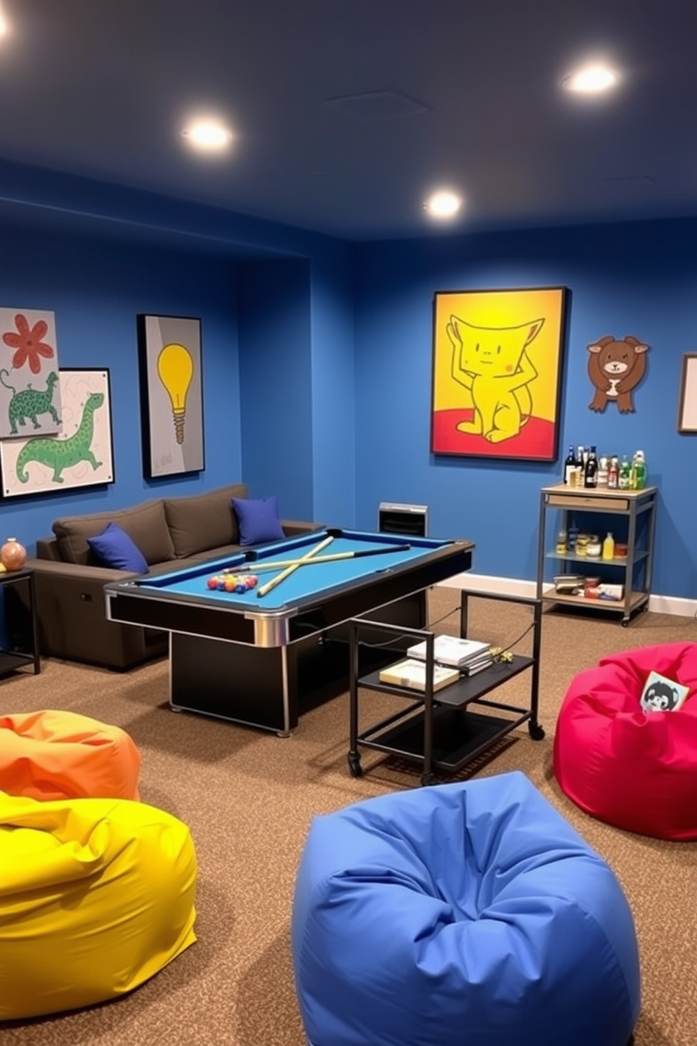 A cozy basement game room designed for casual gatherings. The space features colorful floor cushions scattered around a low coffee table, creating a relaxed atmosphere for friends to enjoy games and conversations.