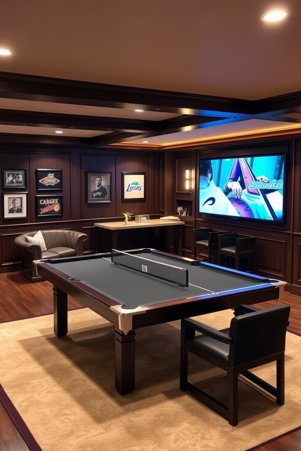 A modern basement game room featuring a wall-mounted TV with a sleek design. Surround sound speakers are strategically placed around the room for an immersive audio experience.