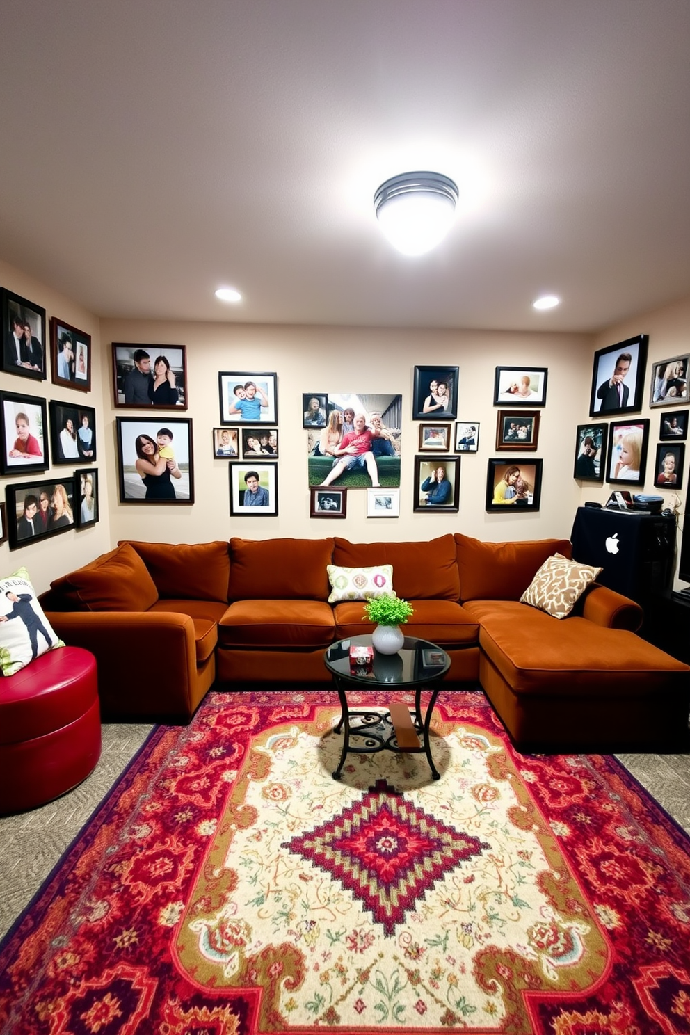 Create a cozy basement game room featuring wall murals that depict a vibrant city skyline at night. The room is furnished with a plush sectional sofa and a large coffee table, with a pool table and dartboard in the corner for entertainment. Incorporate ambient lighting that highlights the murals and adds a warm glow to the space. Add shelves filled with board games and a mini fridge stocked with drinks to enhance the immersive experience.