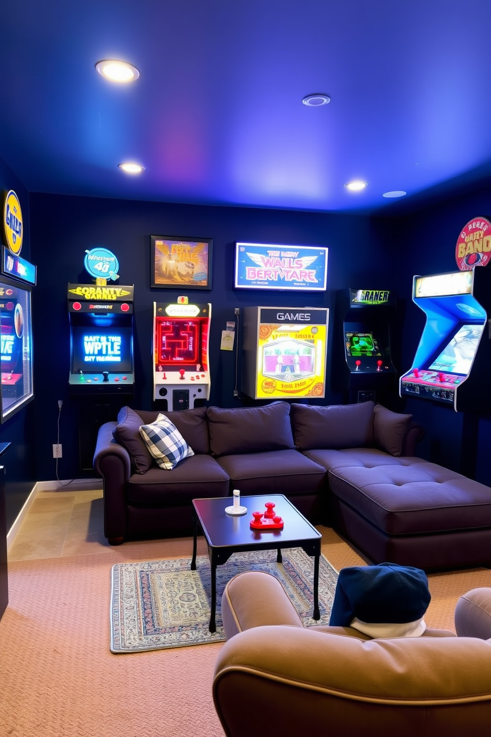 A stylish basement game room features a wall-mounted TV centered above a sleek entertainment console. Surround sound speakers are strategically placed around the room to enhance the viewing experience, while comfortable seating invites relaxation and enjoyment.