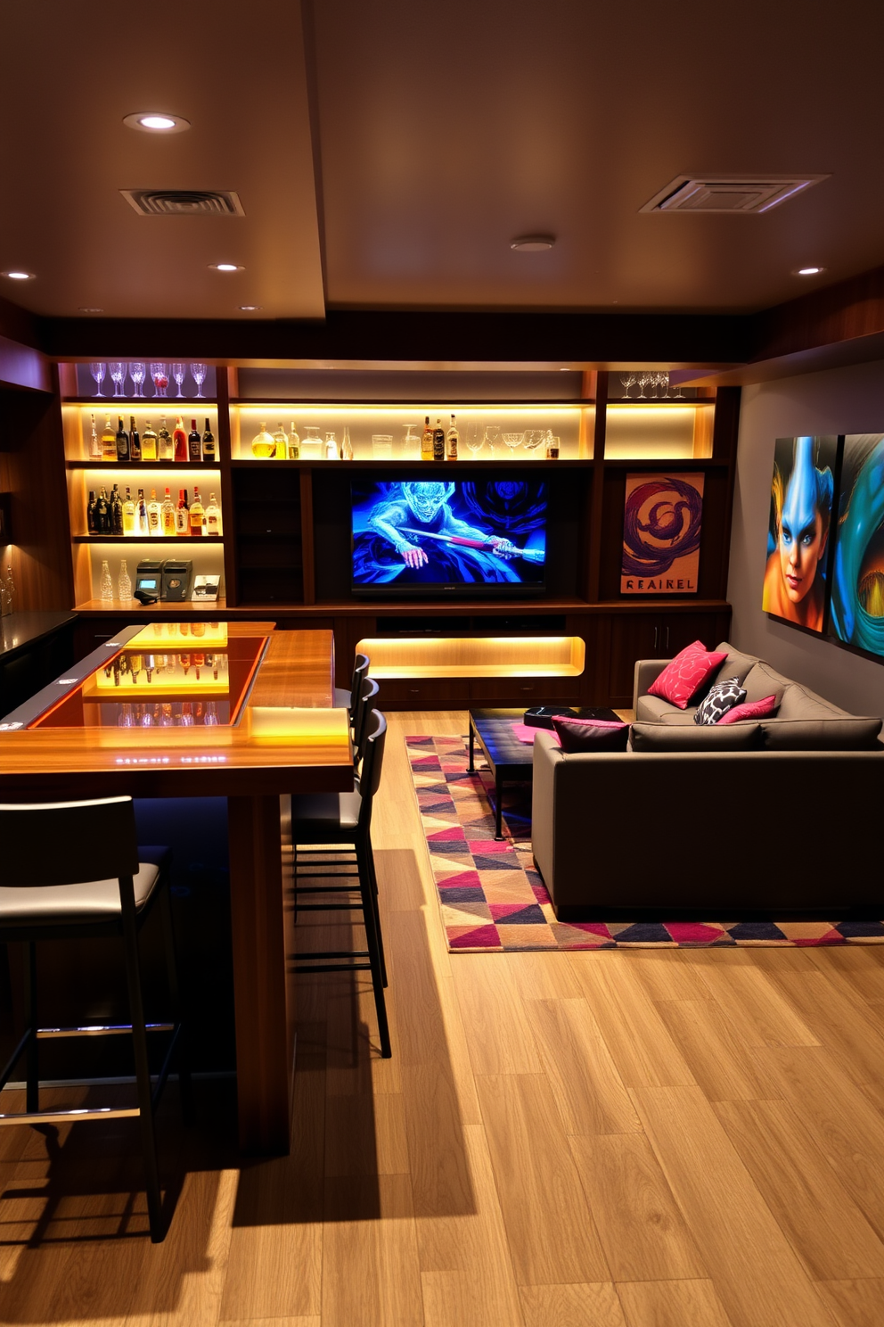 A stylish mini bar is set against a wall with sleek cabinetry and a polished countertop. Four modern stools with comfortable upholstery are arranged around the bar, inviting friends to gather and enjoy drinks. The game room features a large sectional sofa positioned around a coffee table, creating a cozy atmosphere for relaxation. A pool table occupies the center of the room, complemented by vibrant artwork and ambient lighting that enhances the entertainment space.