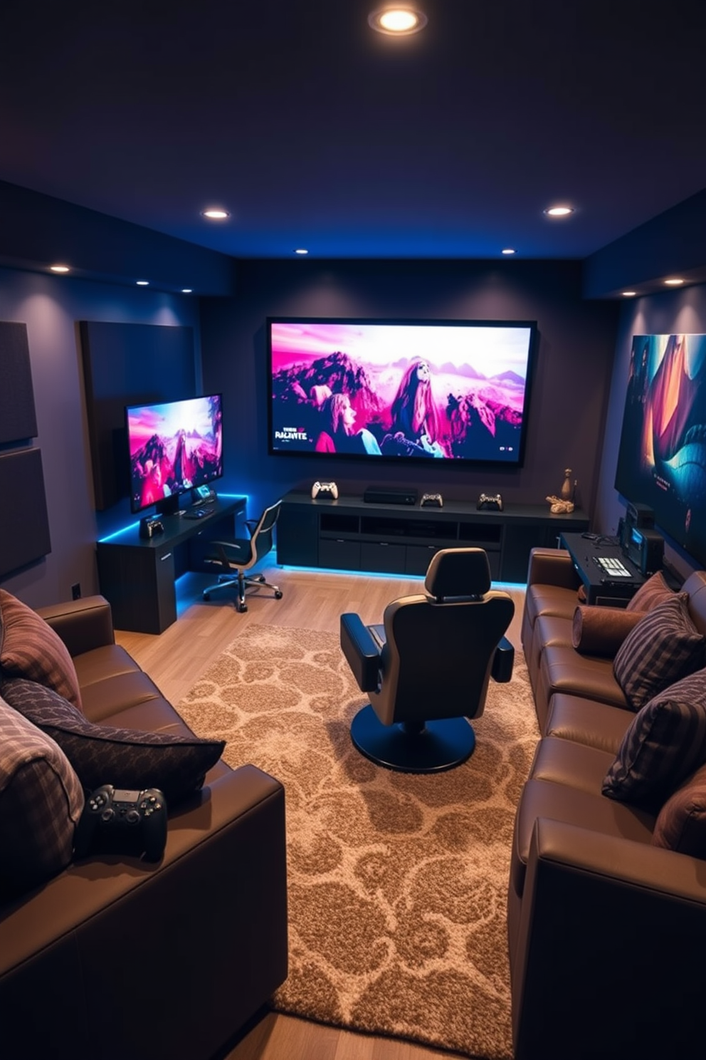 A cozy basement game room featuring a large game table made of reclaimed wood surrounded by comfortable upholstered chairs. The walls are painted in a warm gray tone, and soft ambient lighting creates an inviting atmosphere for board games and cards.