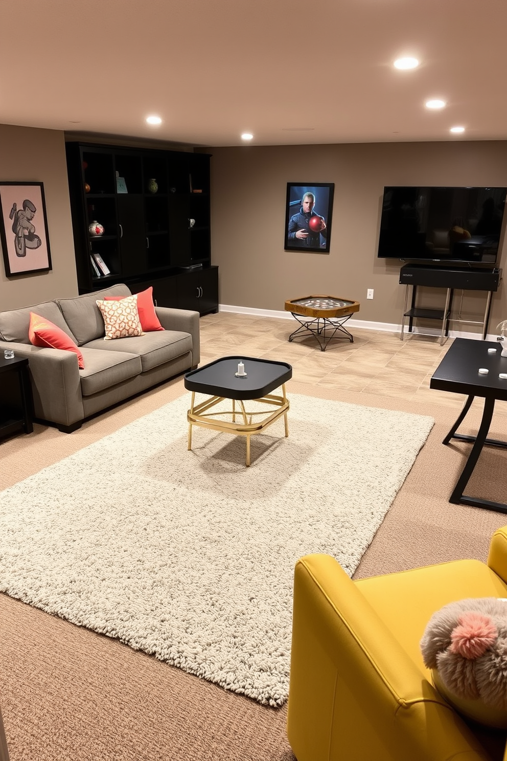 Create a cozy basement game room that exudes a retro vibe. The walls are adorned with vintage posters featuring classic movies and music icons, while a plush sectional sofa invites relaxation. In the center, a large wooden coffee table holds an assortment of board games and retro snacks. The flooring is a warm wood finish, and colorful area rugs add a playful touch to the space.