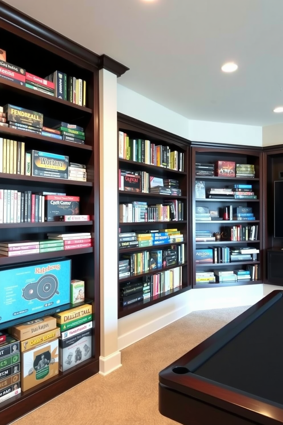 A vibrant basement game room designed for multiplayer console gaming. The room features a large sectional sofa facing a wall-mounted flat-screen TV, with colorful LED strip lighting enhancing the atmosphere. In the corner, a sleek gaming table is set up with multiple gaming consoles and comfortable chairs for friends to gather around. The walls are adorned with framed posters of popular video games, and a plush rug adds warmth to the space.