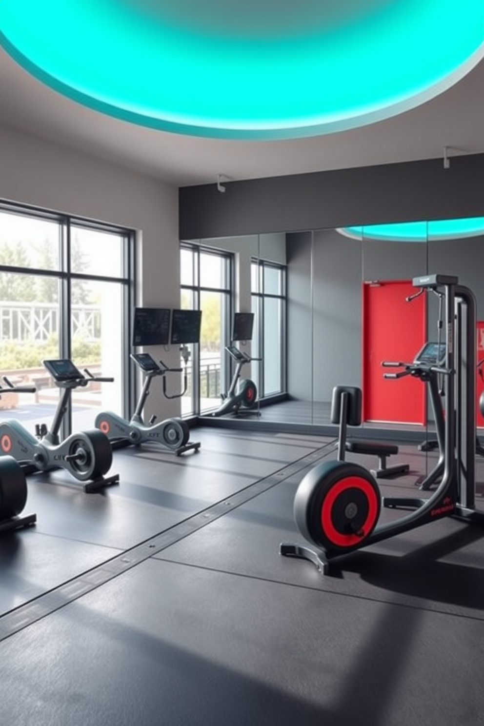 Brighten the space with large framed mirrors that reflect natural light and create an illusion of openness. Incorporate a modern gym setup with state-of-the-art equipment, rubber flooring, and vibrant accent colors to energize the atmosphere.