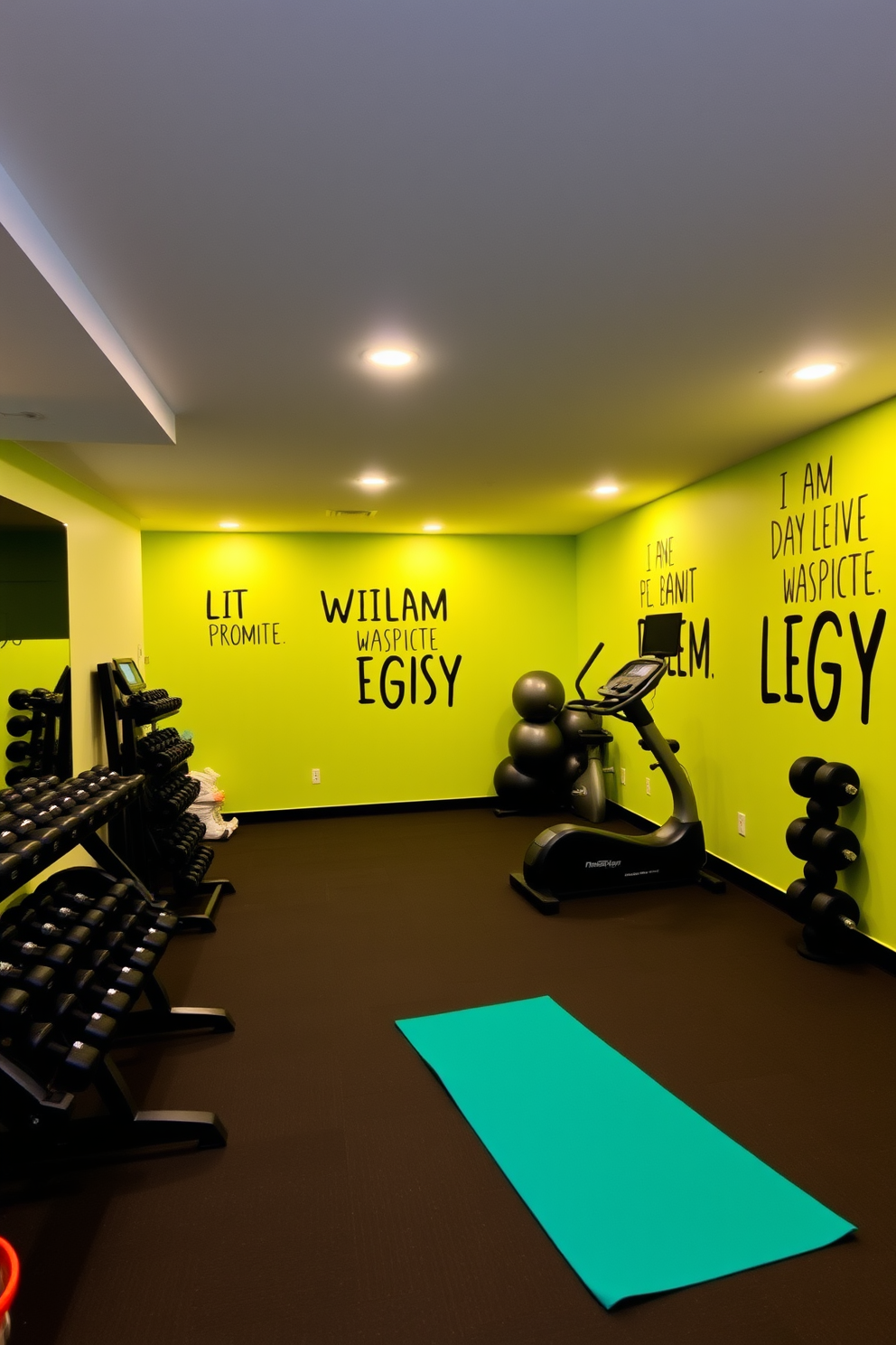 A modern basement gym featuring multifunctional furniture that maximizes space and versatility. The room includes a foldable workout bench that can be easily stored away, along with adjustable dumbbells and a compact elliptical machine. The walls are painted in a calming light gray, while the flooring is covered in durable rubber tiles for safety. Large mirrors line one wall to create an illusion of space and enhance natural light from the small basement windows.