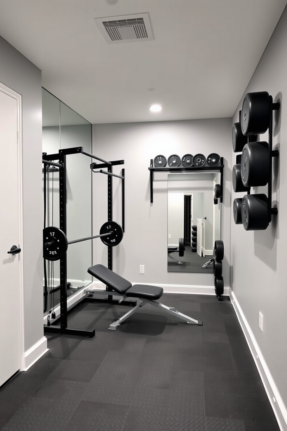 A modern basement gym featuring multi-functional gym equipment designed for optimal space utilization. The walls are painted in a light gray tone, and the flooring is a durable rubber material for safety and comfort. In one corner, a compact weightlifting station is paired with a foldable bench, while a wall-mounted rack holds various weights. Large mirrors reflect the space, enhancing the sense of openness and allowing for proper form during workouts.