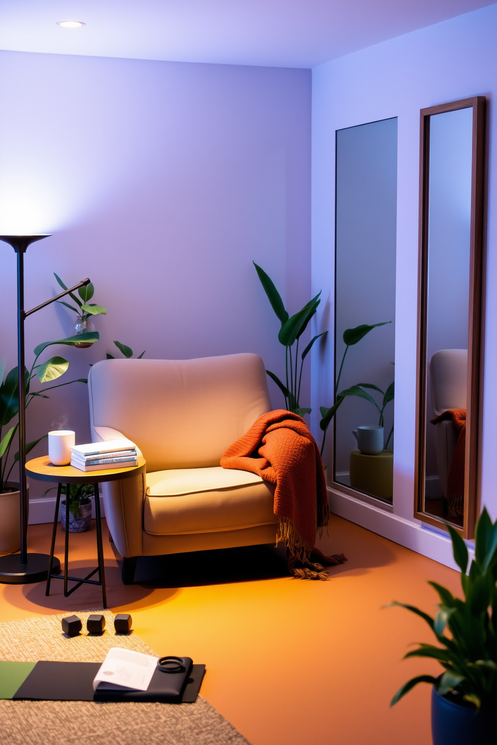 A cozy stretching area features soft natural light streaming through a large window. The space is adorned with plush yoga mats, a few potted plants, and a calming color palette of soft blues and greens. For the basement gym design, envision a functional yet inviting space with modern exercise equipment. The walls are painted in a warm gray tone, and the floor is covered with durable rubber flooring for comfort and safety.