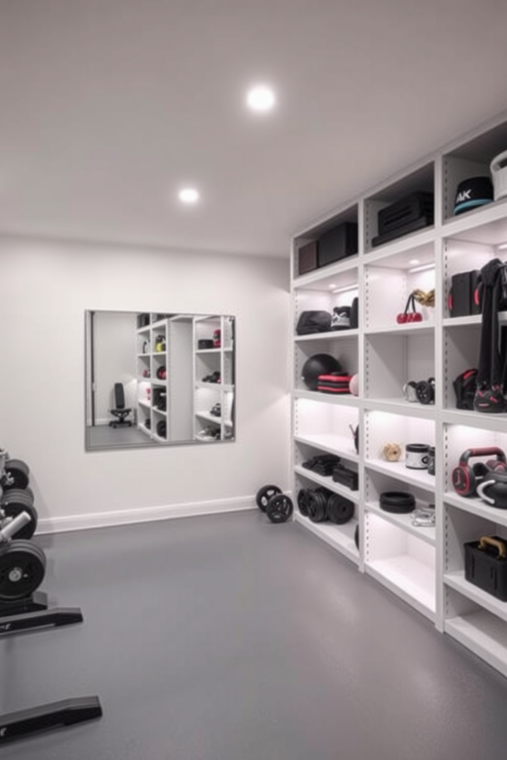 A modern basement gym featuring floor-to-ceiling shelves filled with various fitness equipment and accessories. The walls are painted in a bright white color, creating an open and airy feel, while the flooring is a durable rubber material for safety and comfort. In one corner, a large mirror reflects the space, enhancing the feeling of depth and light. Soft LED lighting highlights the shelves and creates an inviting atmosphere for workouts.