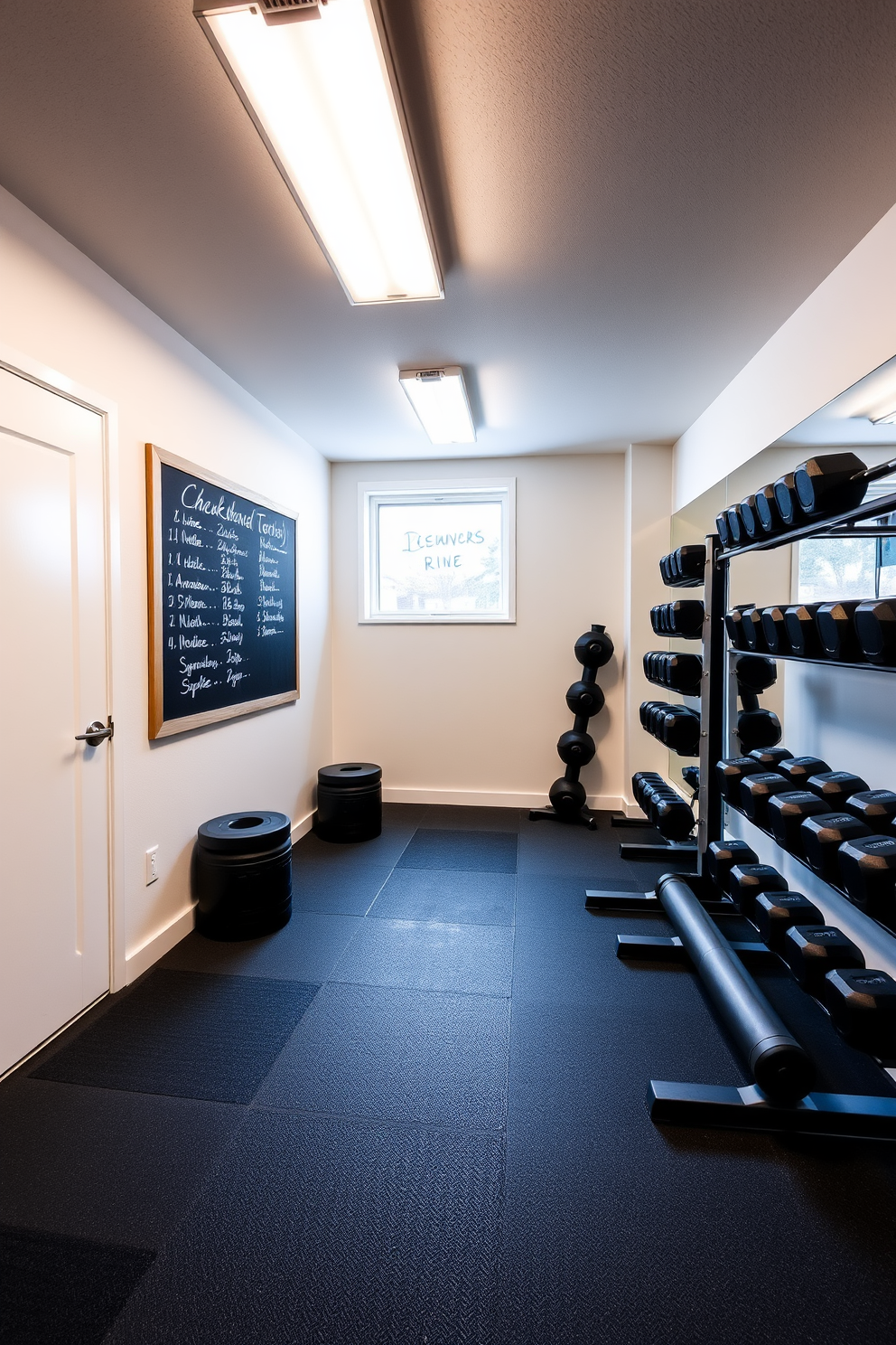 A modern basement gym setting designed for functionality and motivation. The space features a rubber flooring surface with a large chalkboard mounted on the wall for tracking progress. To the right, there are free weights neatly organized on a rack, and a wall mirror reflects the workout area. Bright LED lights illuminate the space, while a large window allows natural light to filter in, creating an inviting atmosphere.