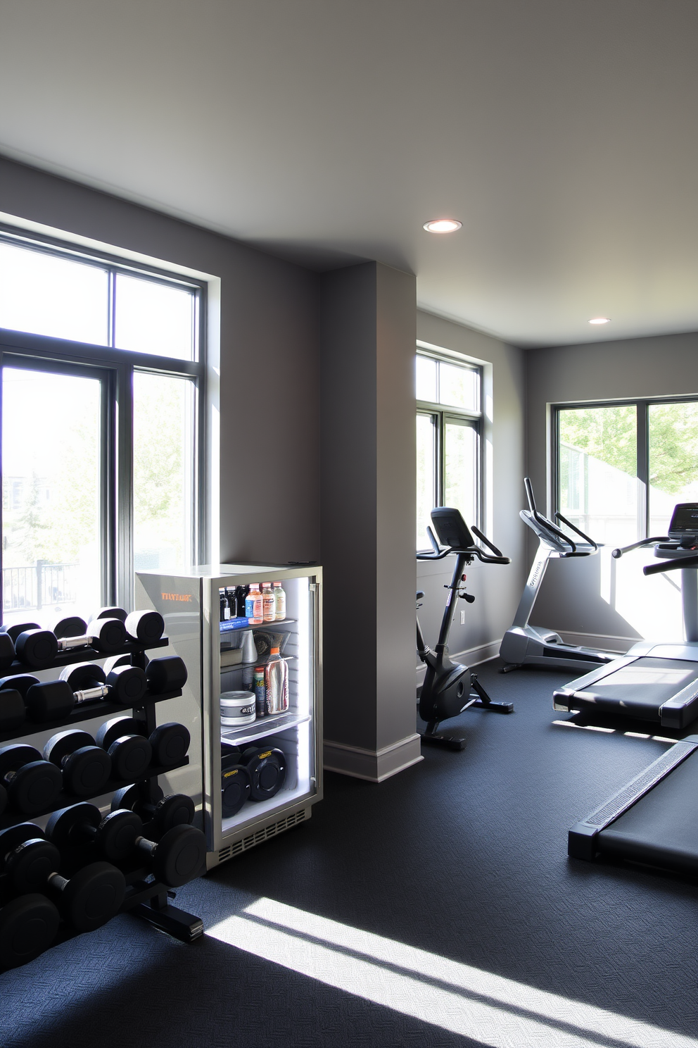 A modern basement gym featuring a sleek design with a large flat-screen TV mounted on the wall for entertainment during workouts. The space includes a variety of exercise equipment such as a treadmill, weights, and a yoga mat, all arranged for optimal functionality and comfort.