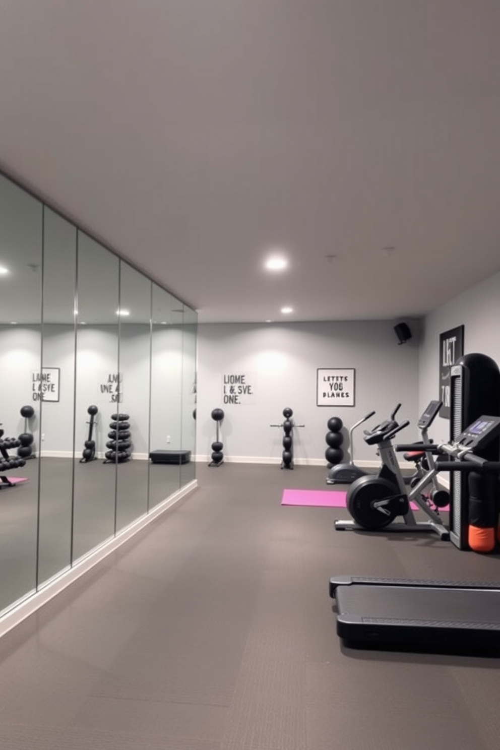 A modern basement gym featuring large floor-to-ceiling mirrors that reflect light and create an open atmosphere. The space includes a variety of workout equipment such as weights, a treadmill, and yoga mats, all arranged for optimal functionality. The walls are painted in a light gray tone to maintain a bright and airy feel. Rubber flooring provides comfort and safety, while motivational artwork adorns the walls to inspire workouts.