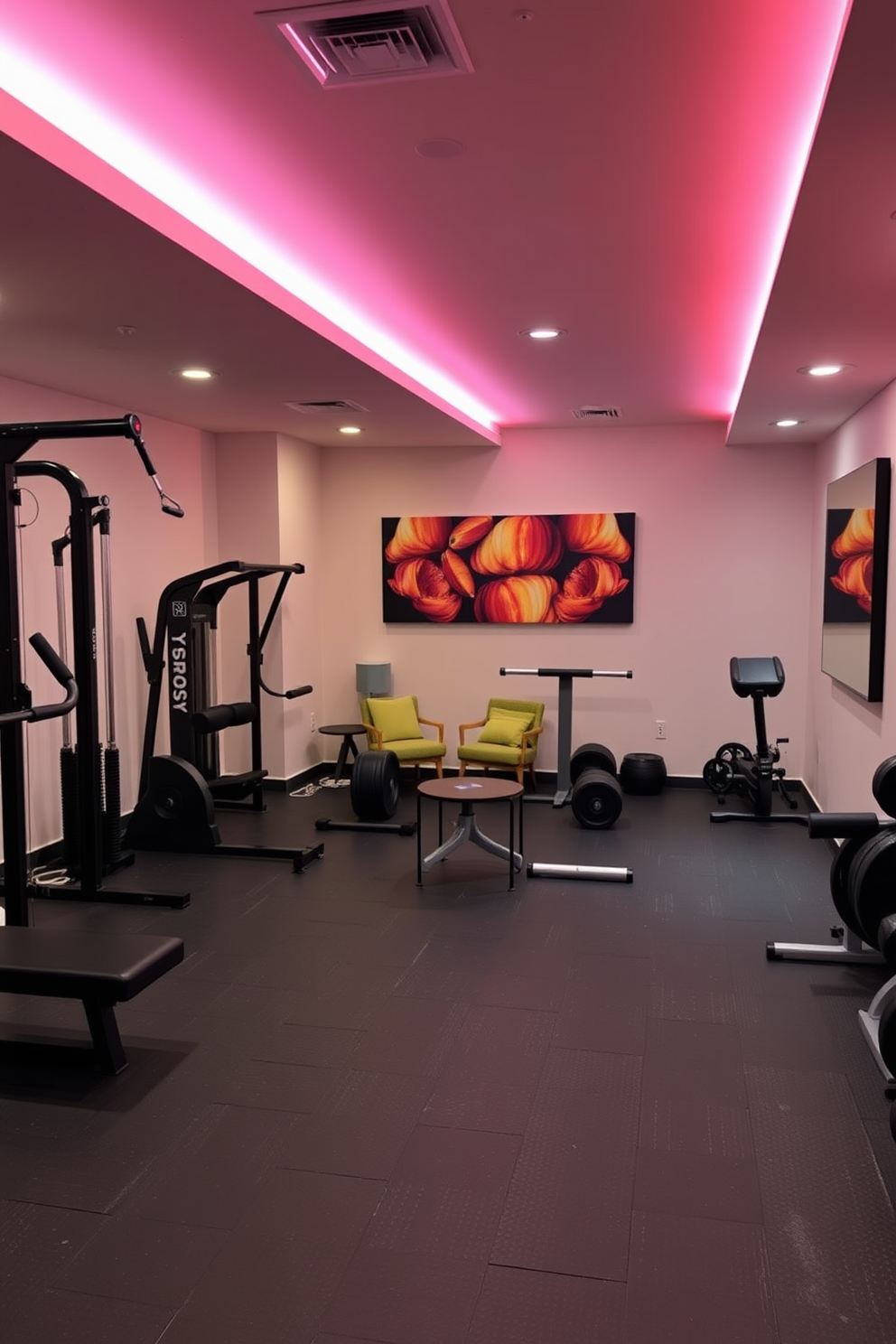 A modern basement gym with adjustable LED lighting that allows for various moods and activities. The space features rubber flooring, a wall-mounted mirror, and a selection of high-quality gym equipment arranged for optimal use. In one corner, a cozy seating area with a small table provides a spot for relaxation between workouts. The walls are painted in a neutral tone, complemented by vibrant artwork that inspires motivation and energy.