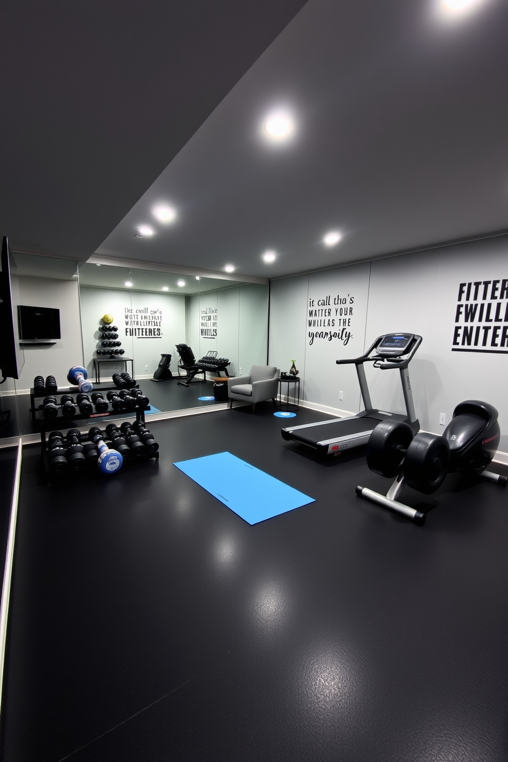 A modern basement gym featuring sleek black rubber flooring and mirrored walls to create an open feel. The space includes a wall-mounted flat-screen TV for entertainment during workouts, surrounded by a variety of exercise equipment such as dumbbells, a treadmill, and a yoga mat neatly rolled up in the corner. In one corner, a small seating area with a comfortable chair and a side table provides a place to relax post-workout. The walls are painted in a light gray color, complemented by motivational wall art that inspires fitness and wellness.