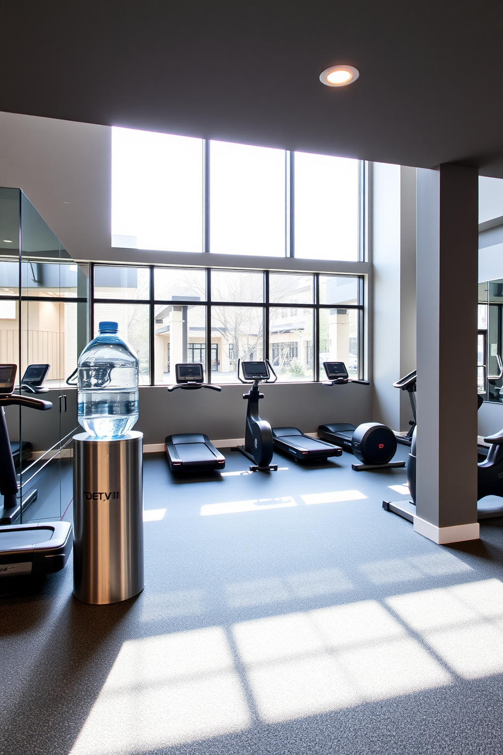 A modern basement gym featuring a spacious layout with rubber flooring and large mirrors on the walls. The gym includes a water station with a sleek dispenser and stylish cups for convenience, surrounded by various workout equipment like dumbbells and a treadmill. Natural light floods the space through a large window, enhancing the vibrant atmosphere. The walls are painted in a calming gray tone, and motivational artwork decorates the area, creating an inspiring environment for workouts.