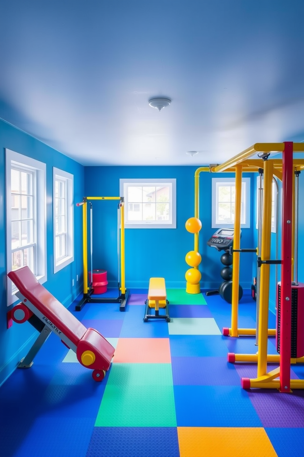 A vibrant basement gym features bright blue walls that energize the space. Colorful workout equipment in shades of yellow and red adds a playful touch to the overall design. Large windows allow natural light to flood the room, creating an inviting atmosphere. A rubber flooring in a mix of colors enhances safety while adding to the fun aesthetic.