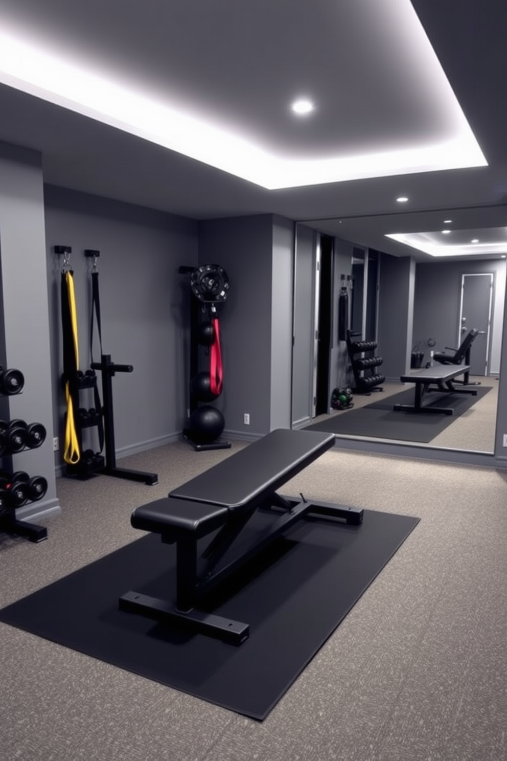 A modern basement gym featuring a sleek design with a focus on functionality. The space includes a sturdy weight training bench positioned in the center, surrounded by free weights and resistance bands. The walls are painted in a calming gray tone, complemented by bright LED lighting to enhance visibility. A large mirror is mounted on one wall to provide an expansive feel and allow for exercise form checks.