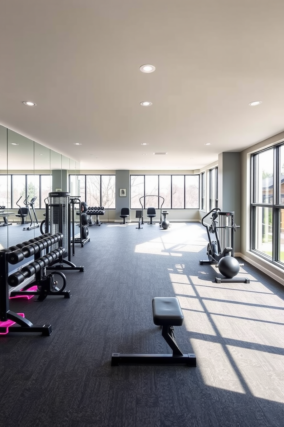 Create an open layout for a basement gym that emphasizes flexibility and functionality. The space features large windows that allow natural light to flood in, enhancing the vibrant atmosphere. Incorporate versatile workout zones with movable equipment, including free weights and resistance bands. Add a mirrored wall to create a sense of openness and to help users monitor their form during workouts.