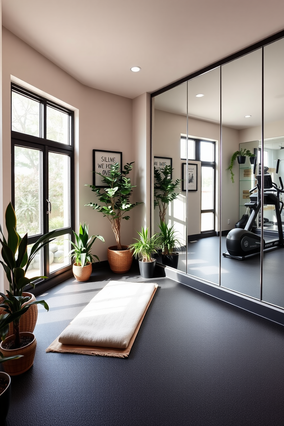 A vibrant basement gym filled with natural light. The walls are painted in a lively turquoise, and the flooring features bright yellow rubber mats. State-of-the-art fitness equipment is arranged for optimal functionality. A large wall mirror reflects the energetic atmosphere, and colorful wall art adds a motivational touch.