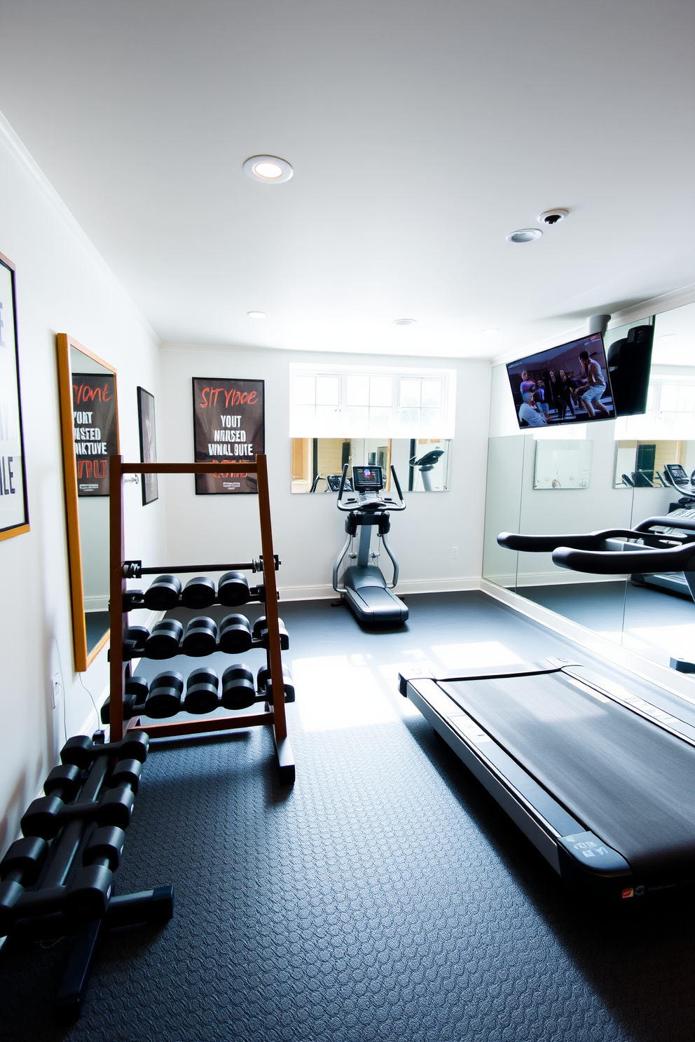 A modern basement gym featuring a punching bag for cardio workouts. The space is equipped with sleek black flooring and walls painted in a calming gray tone. A large window allows natural light to flood in, enhancing the atmosphere. The gym includes a variety of workout equipment such as weights and a treadmill, creating an inviting environment for fitness enthusiasts.