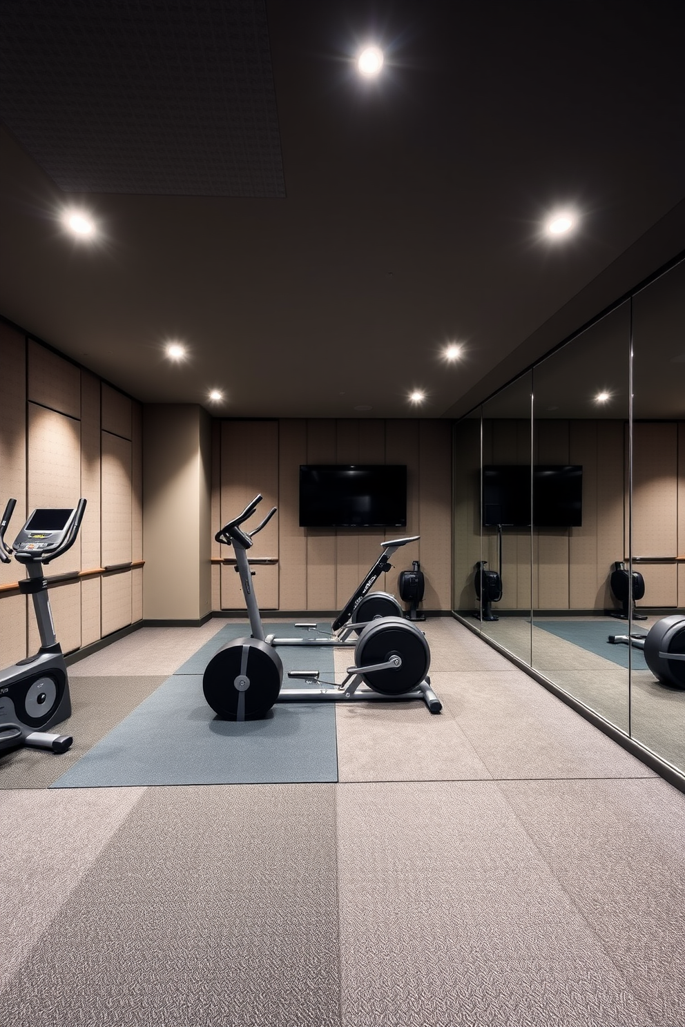 A modern basement gym designed for optimal soundproofing features thick acoustic panels on the walls and ceiling to minimize noise. The flooring is covered with high-density foam mats to absorb sound while providing a comfortable workout surface. The gym is equipped with high-end exercise machines strategically placed to maximize space and functionality. Large mirrors on one wall create an illusion of openness and reflect light, enhancing the overall atmosphere.