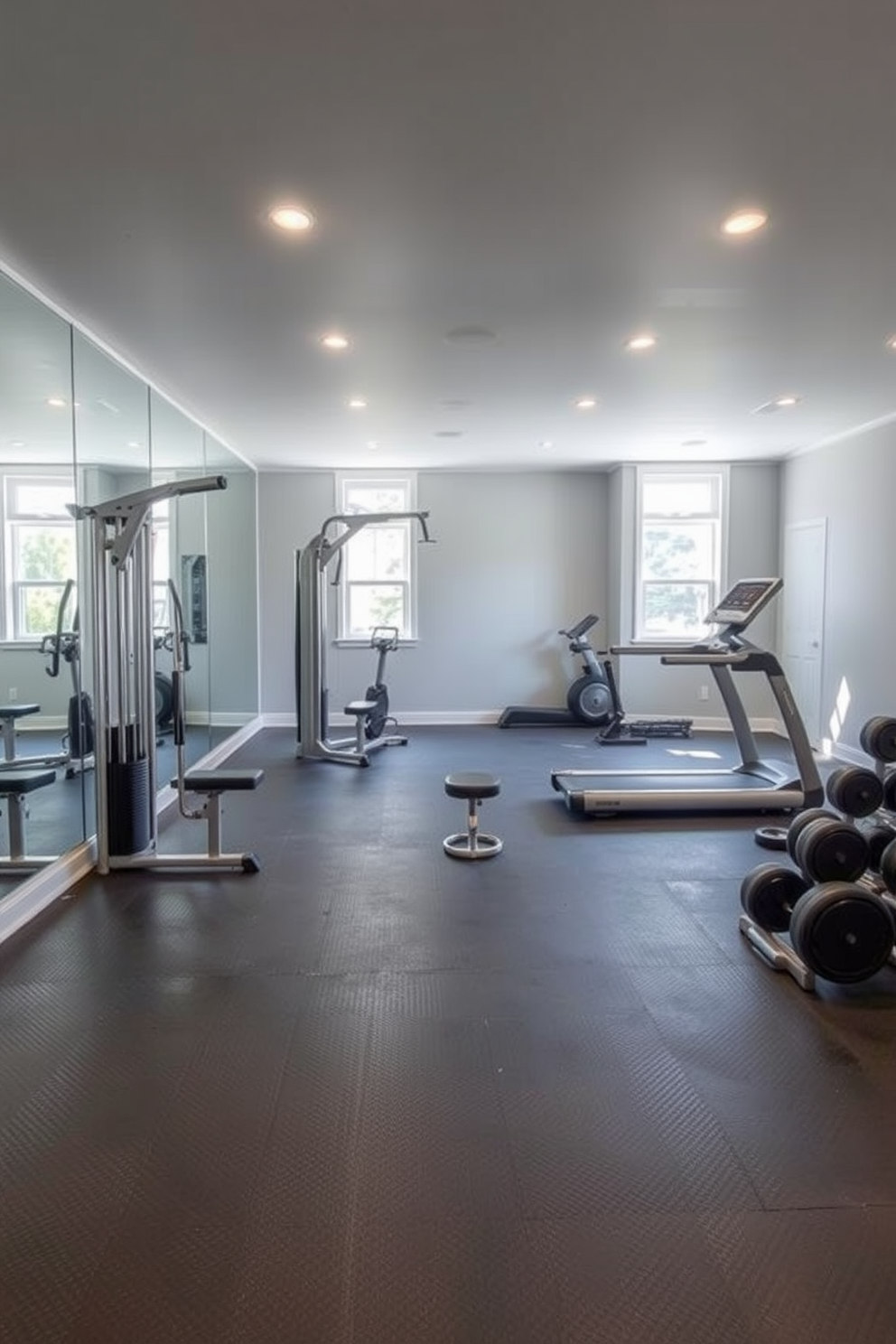 A modern basement gym featuring high-quality rubber flooring for durability and sound absorption. The walls are painted in a light gray tone, with large mirrors on one side to enhance the sense of space and light. The gym includes a variety of equipment such as a multi-functional weight machine, free weights, and a treadmill, all arranged for optimal flow. Natural light floods the space through strategically placed windows, creating an inviting atmosphere for workouts.