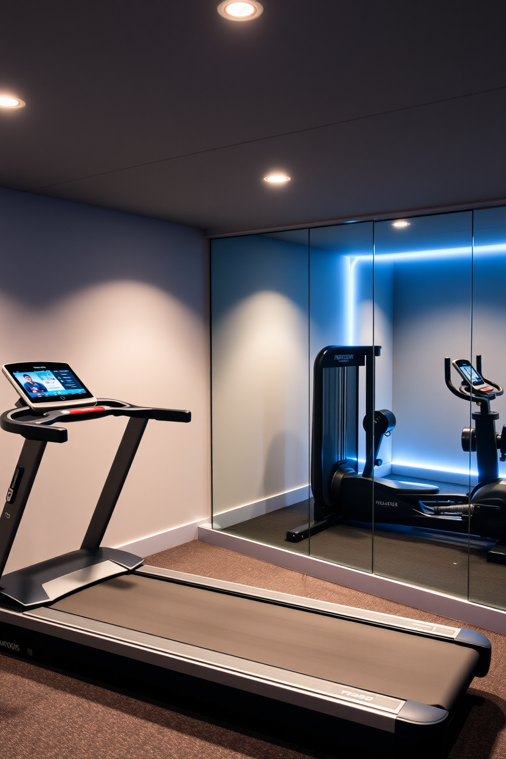 A modern basement gym featuring a wall-mounted pull-up bar. The space is equipped with rubber flooring, bright LED lighting, and a large mirror to enhance the workout experience.