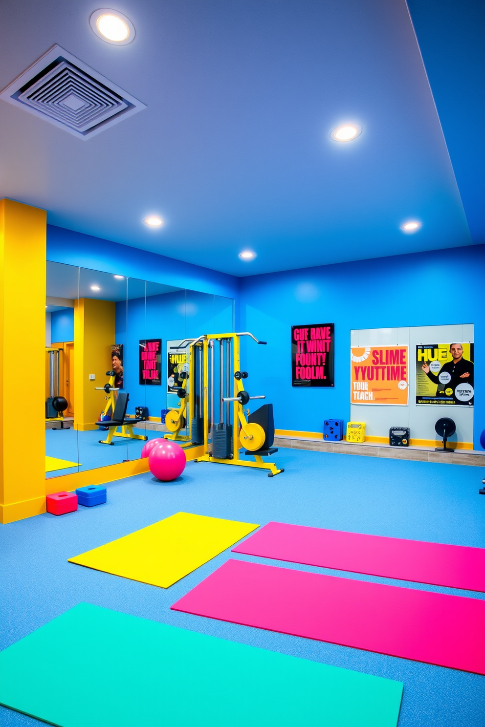 A vibrant basement gym space filled with bold colors and dynamic energy. The walls are painted in a striking electric blue, complemented by bright yellow accents on the workout equipment. A large mirror spans one wall, reflecting the colorful workout mats scattered across the floor. The ceiling features recessed lighting that highlights the energetic atmosphere, while motivational posters in vivid colors adorn the remaining walls.